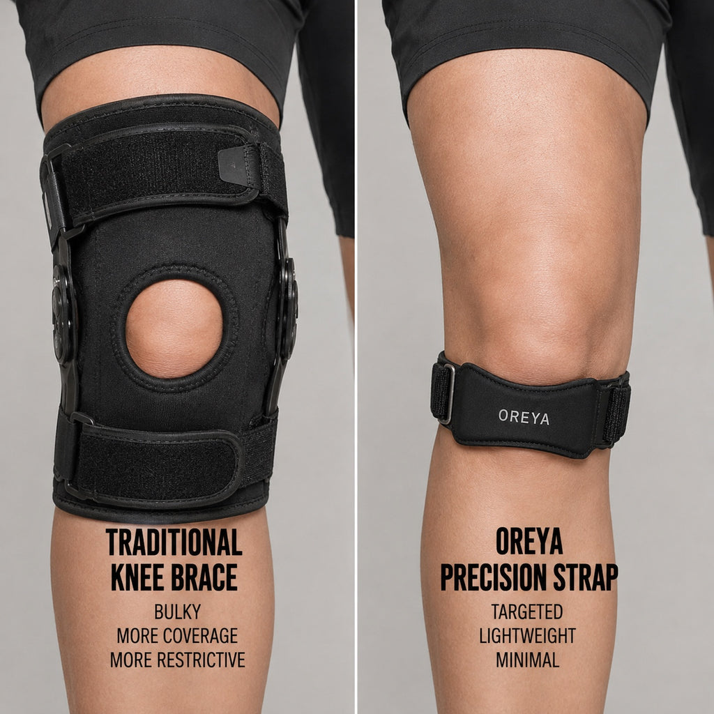 OREYA Precision Knee Support Strap compared with a traditional full knee brace