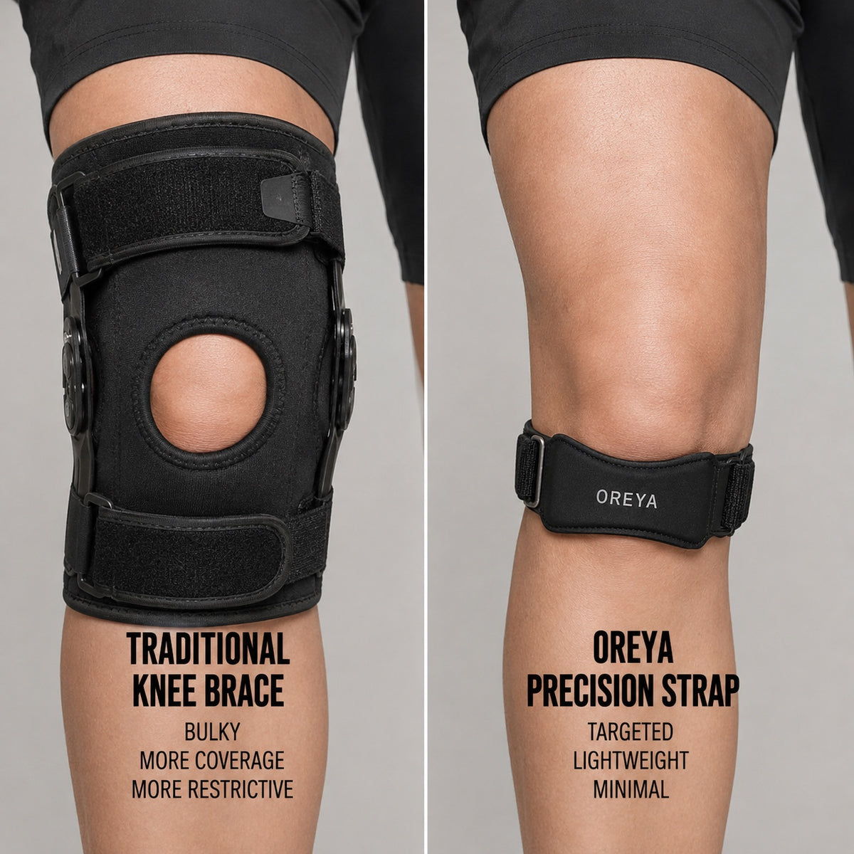 OREYA Precision Knee Support Strap compared with a traditional full knee brace