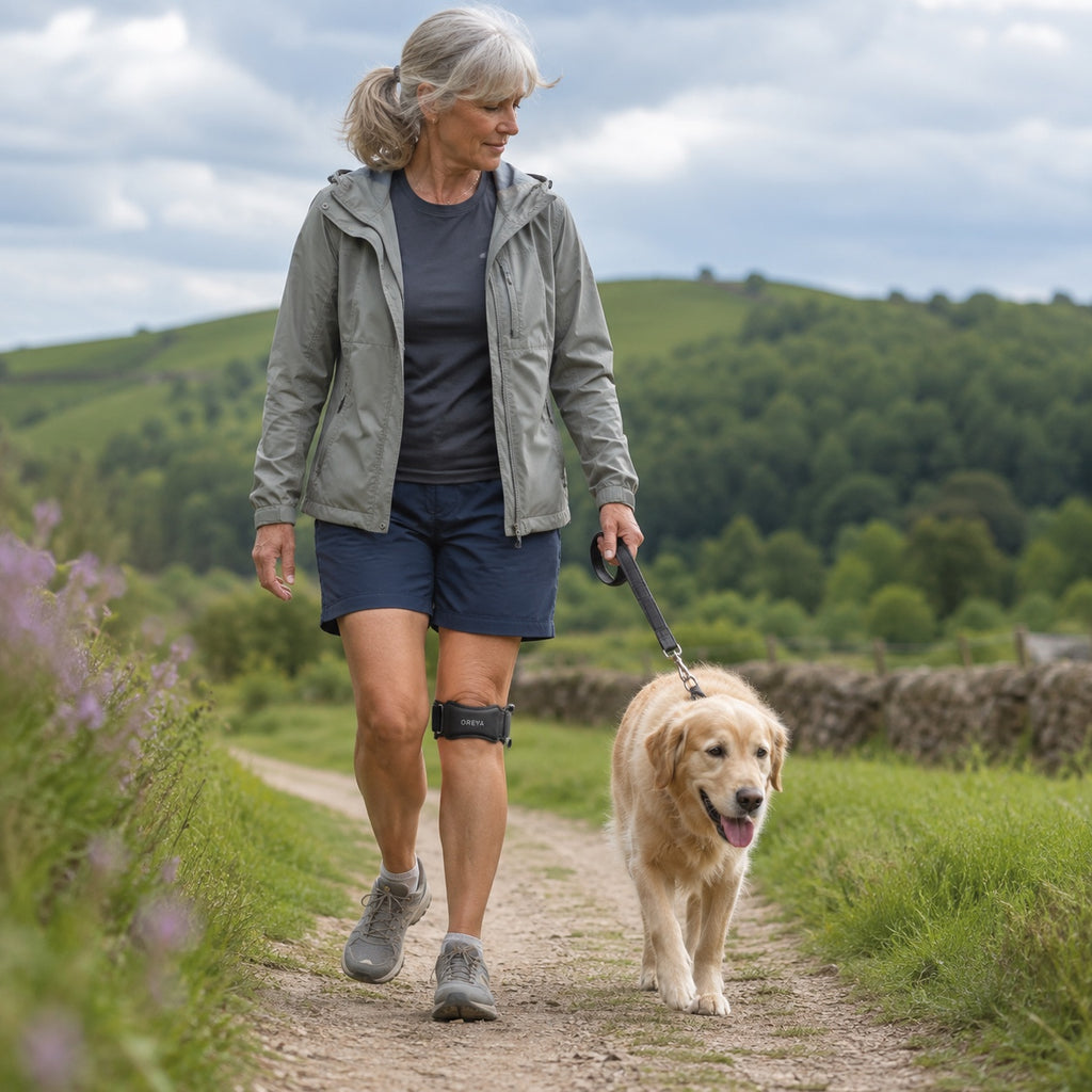 Woman walking her dog wearing OREYA Precision Knee Support Strap
