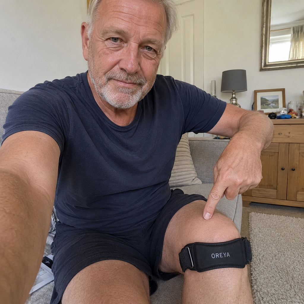 Man at home wearing OREYA Precision Knee Support Strap