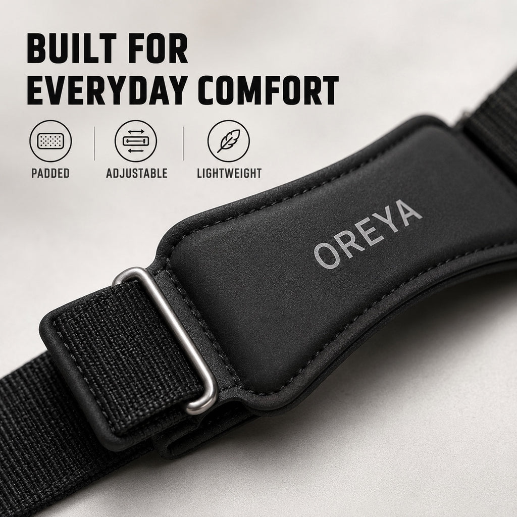 Close-up of OREYA Precision Knee Support Strap materials and adjustable design